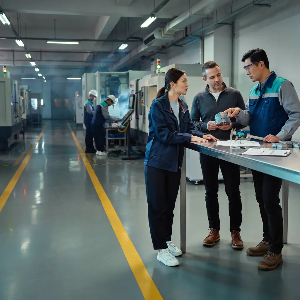 Panda United reviewing a component with a supplier on the factory floor in China